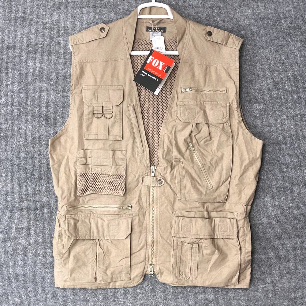 Fox Outdoor Products Mens Photo Journalists Vest Khaki Tan Multi-Pocket NWT L